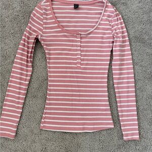 Striped Ribbed Henley Long-Sleeve Top - Pink/White
